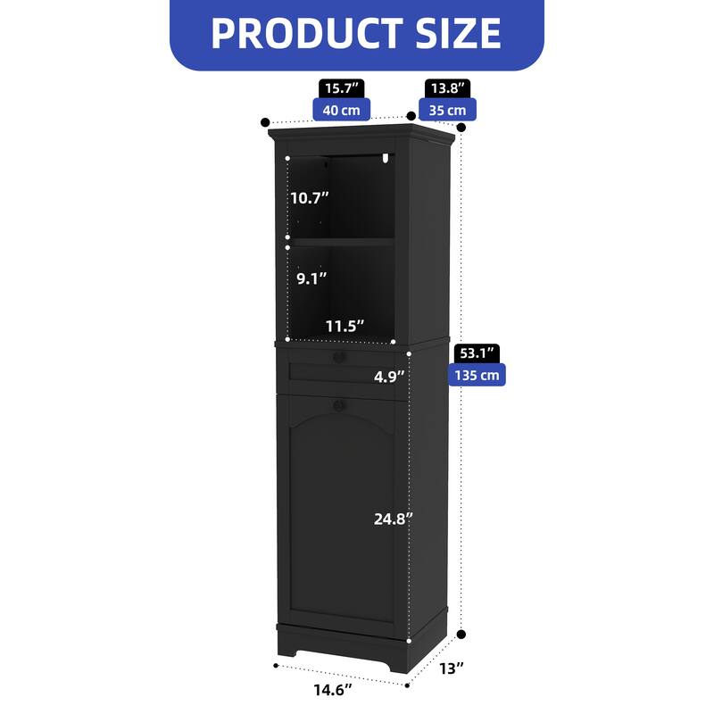 53 Inch Tall Tilt Out Laundry Hamper Cabinet with Hidden Basket and Storage Drawer