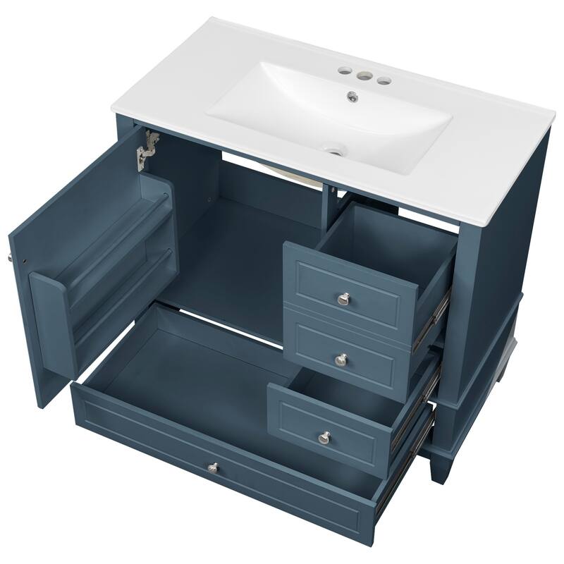 Roomfitters 36" Bathroom Vanity with Ceramic Sink, Solid Wood Frame, 3 Drawers & Soft-Close Door with Racks