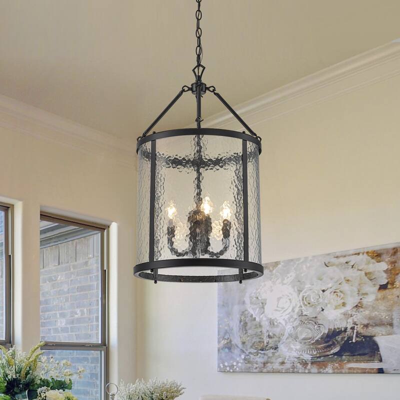 4 - Light Farmhouse Lantern Glass Drum Chandelier for Entryway - Textured Glass - Black