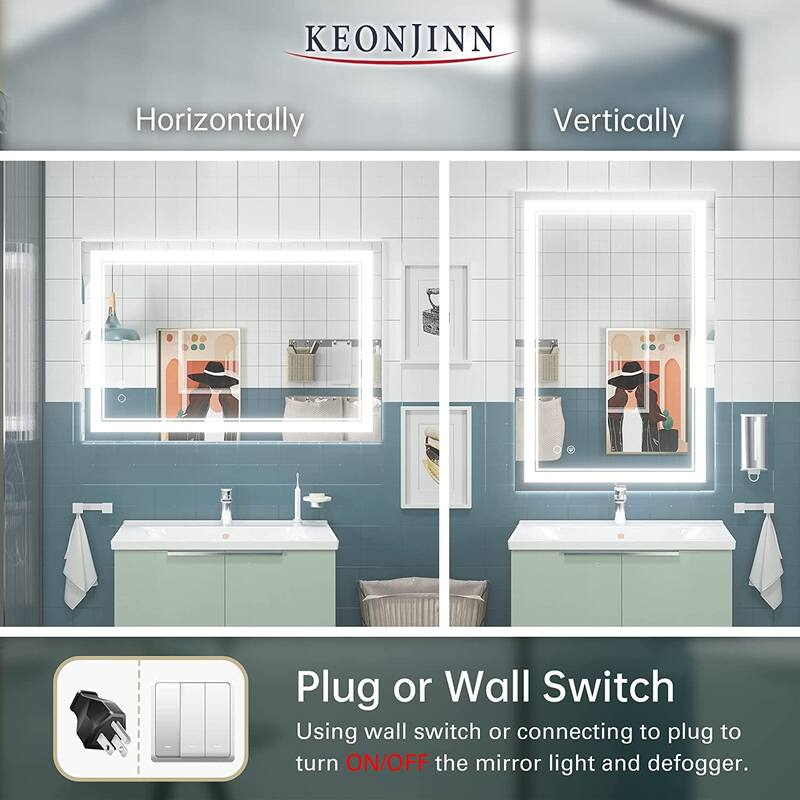 KEONJINN LED Bathroom Vanity Mirror Wall Mounted Anti-Fog Dimmable Mirror