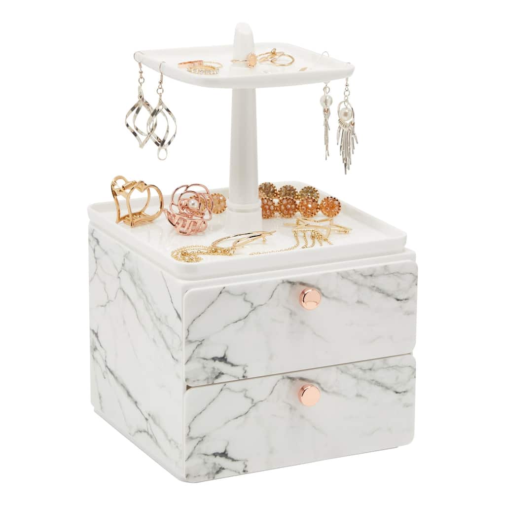 Marble Jewelry Display Tray and Makeup Organizer with Drawer for Vanity (7.3 x 7.7 x 13 in)