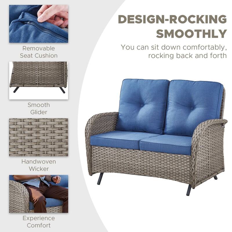 Pocassy 6 Pieces Glider Sofa with Rocker Chairs Ottomans Table