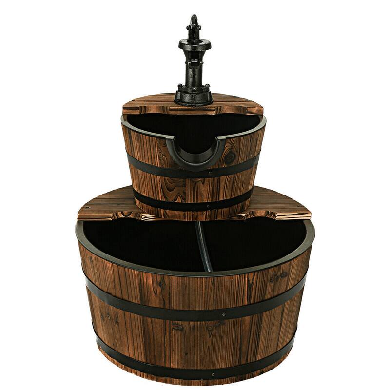 Costway 2 Tier Barrel Waterfall Fountain Barrel Wooden Water Fountain