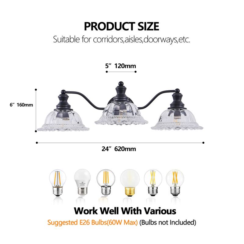 24 Inch 3-Light Vintage Bathroom Wall Sconce, Metal and Glass Lampshade Vanity Light Fixture