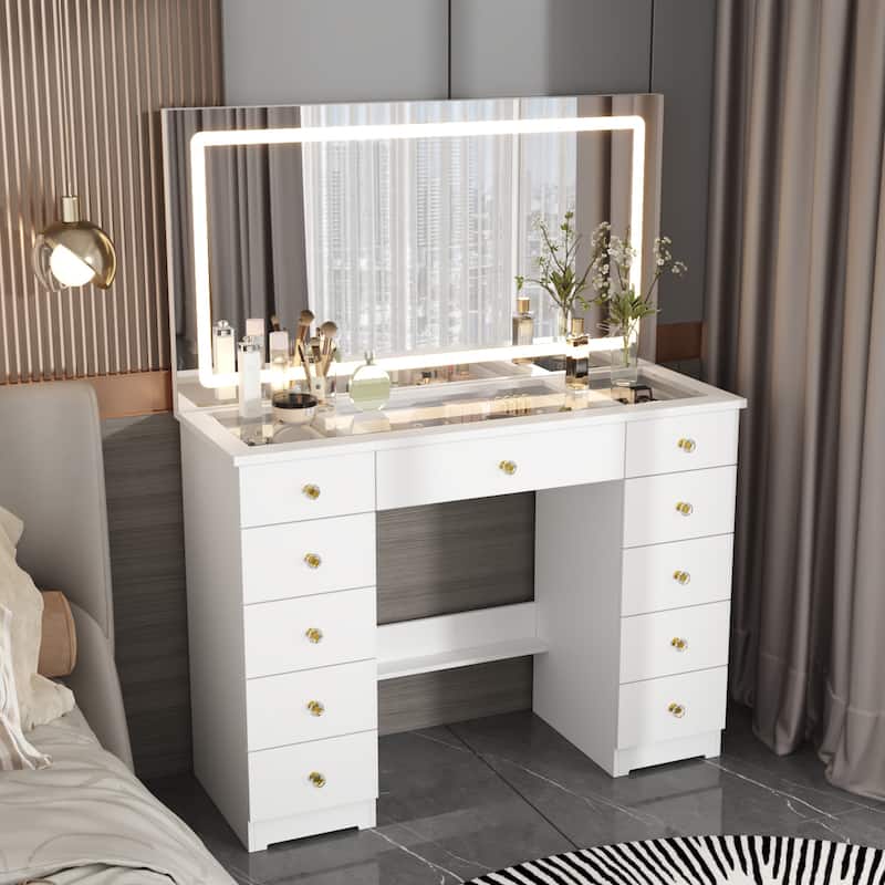 LED Lighted Makeup Vanity w/10 Drawer Modern Dressing Table for Bedroom Glass Top Vanity Table