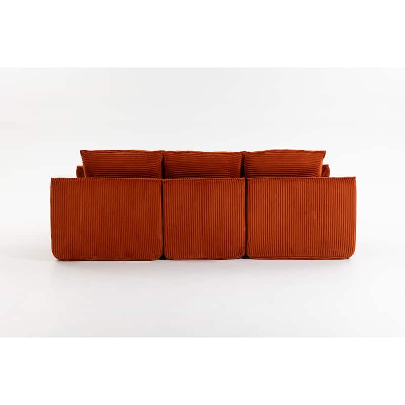 L Shaped Sectional Sofa Corduroy Upholstered Boneless Couches with Movable Footstool, With Three Pillows and Two Lumbar Pillows