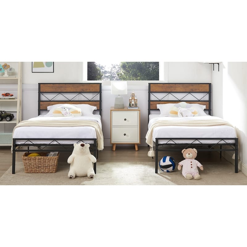 Twin Size Bed Frame Sett Metal Platform Bed with Wood Headboard Footboard Set of 2 - Black