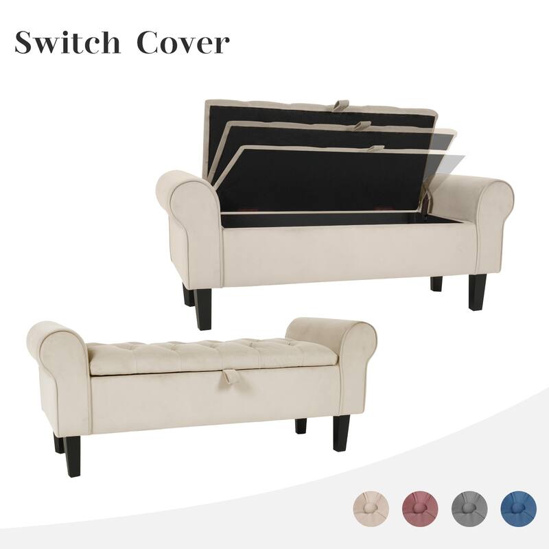 Velvet Storage Bench With Rubber Wood Legs for Bedroom