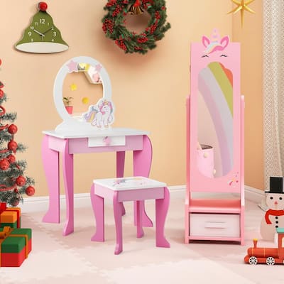 Kids Jewelry Cabinet Standing Armoire Organizer W/Storage Drawers