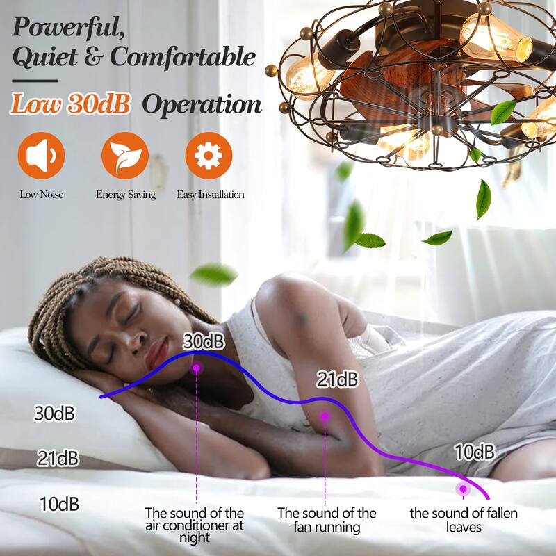 Modern Flush Mount Ceiling Fan Light with Light and Remote Control, Cage Design for Bedroom and Living Room