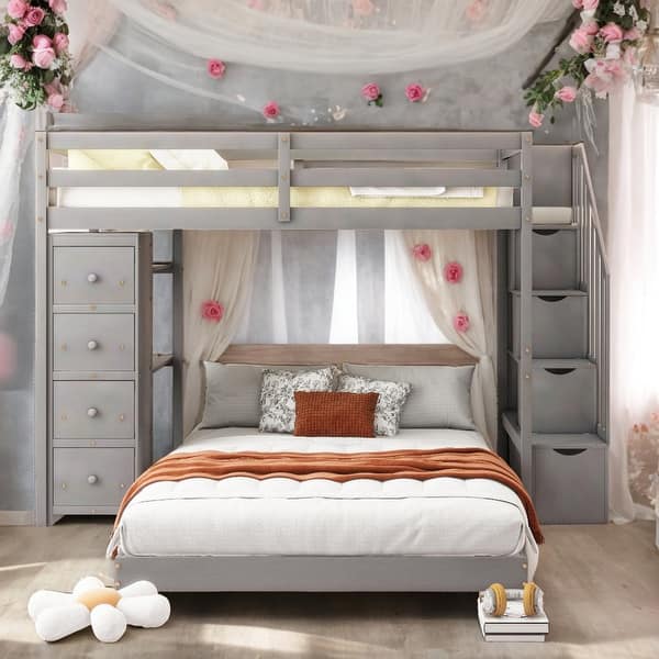 slide 2 of 16, Twin Over Full Bunk Bed With Shelves,Drawers And Storage Stairs