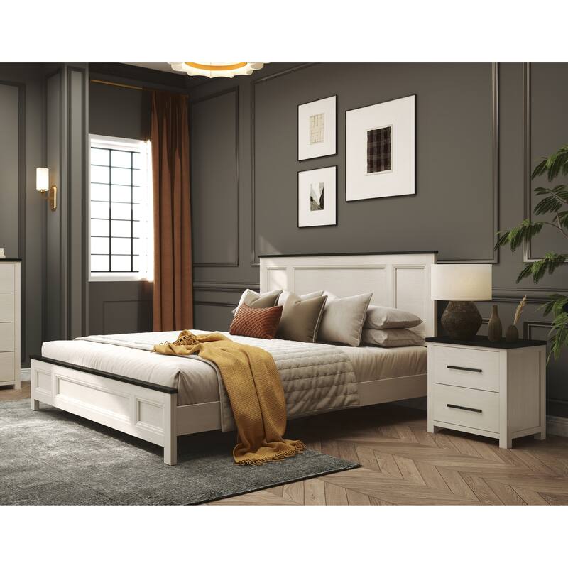 Roundhill Furniture Realynn 5-Piece Wood Bedroom Set, Panel Bed with Dresser, Mirror, and 2 Nightstands, Off-White Finish