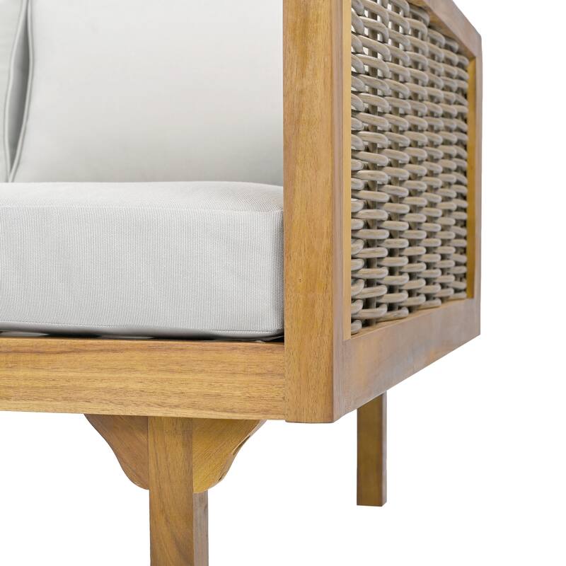 Acacia Wood Daybed with Rattan Arms Slat Paneling and Water Resistant Cushions