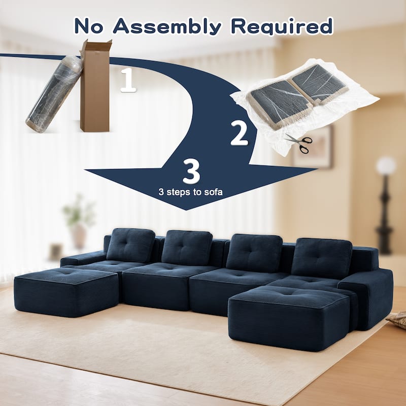 Roomfitters No Assembly Modular Sofa, 117 Inch Corduroy 3-Seater with Piping, Blue