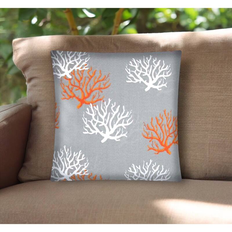 17" Gray Orange and White Coral Indoor Outdoor Throw Pillow Cover - 17"x17" - Gray Orange and White - 17"x17"
