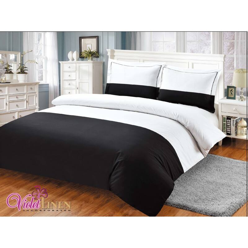 Violet Linen French Sateen Hotel Pattern, 300 Thread Count - Cotton Sateen, Black , Bedding Duvet Cover Set - Black - Twin