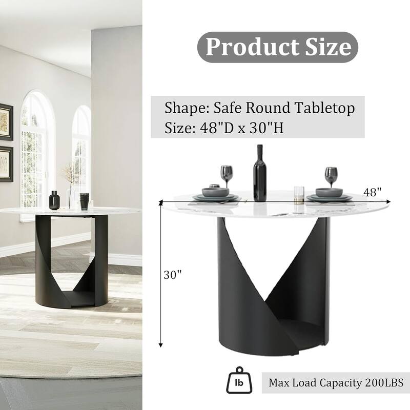 White Round Sintered Stone Dining Table with Matte Black Sandblasted Texture Base