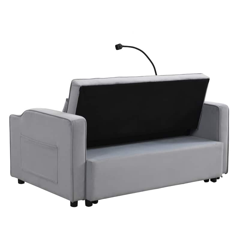 Light Gray Velvet Convertible Sleeper Loveseat Sofa with Adjustable Backrest