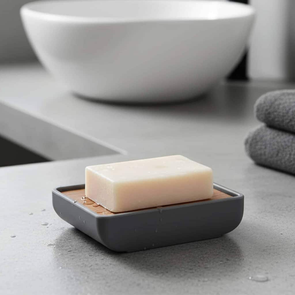 Minimalist Hand Soap Dish Rubber and Wood - 4.5 L x 3.1 W x 0.8 H