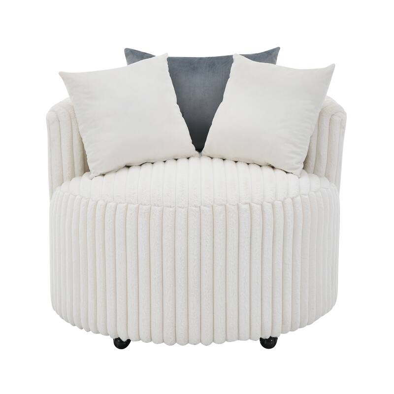 Corduroy Upholstered Swivel Barrel Chair, 3D Honeycomb Pattern Wide Sofa Chair, Lounge Armchair with Wheels & 3 Pillows