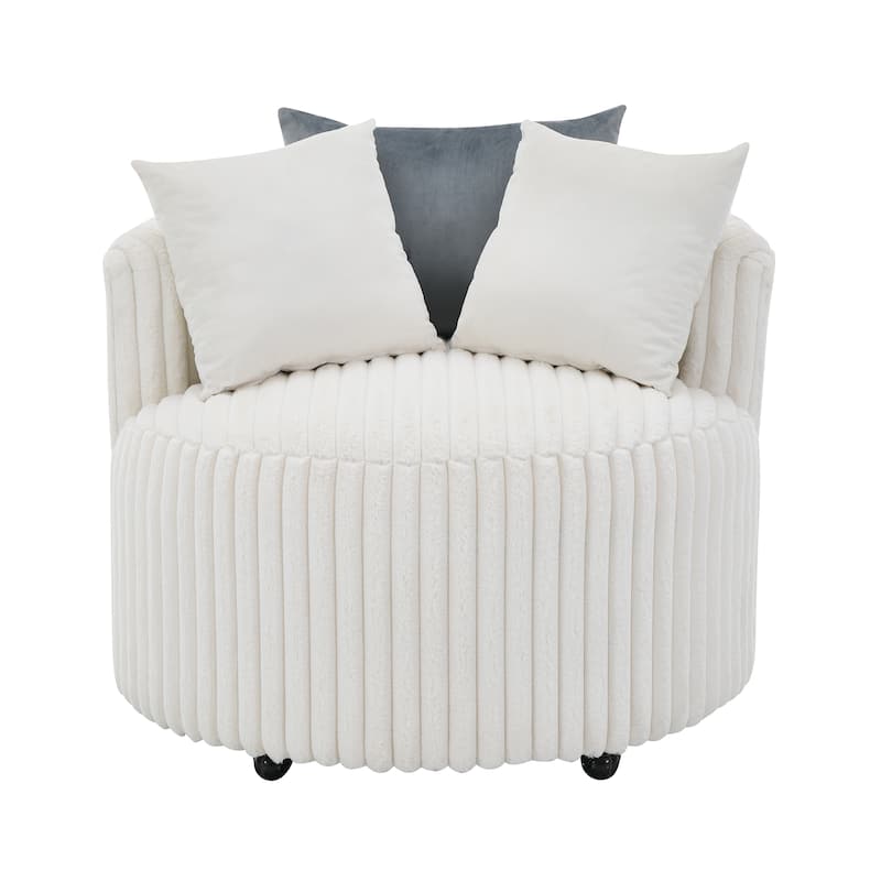 Off White Modern 35" Corduroy Upholstered Barrel Chair with Easy Moving Wheels and Pillows
