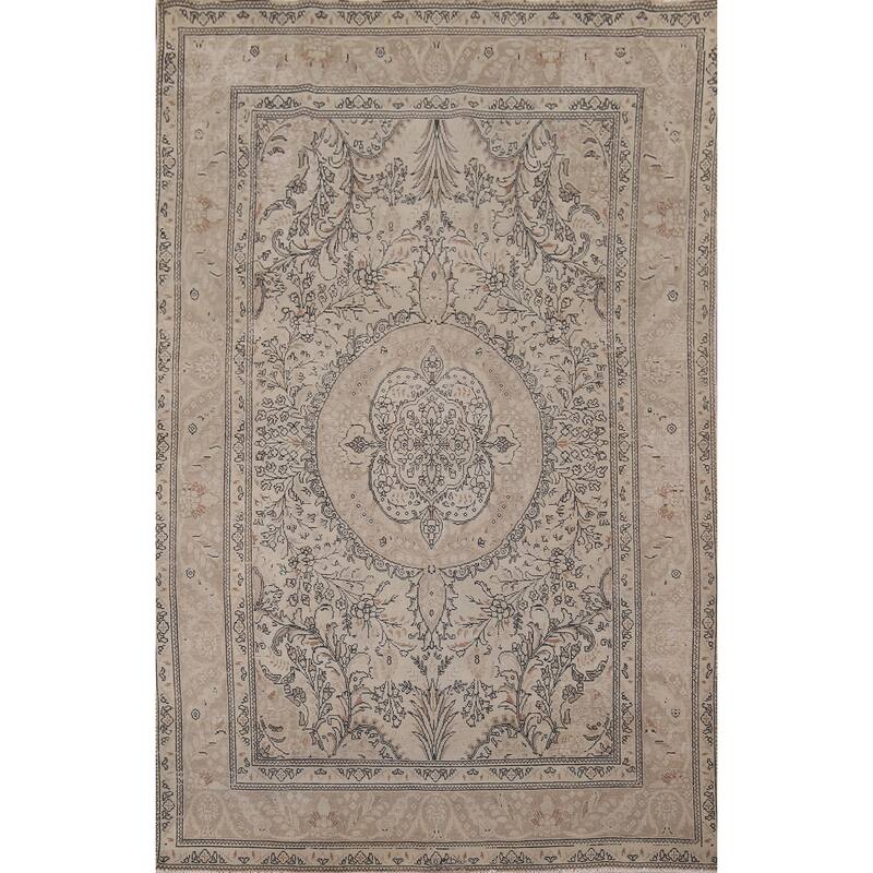Distressed Tabriz Vintage Persian Rug Hand-Knotted Beige Wool Carpet - 6'6" x 9'11"