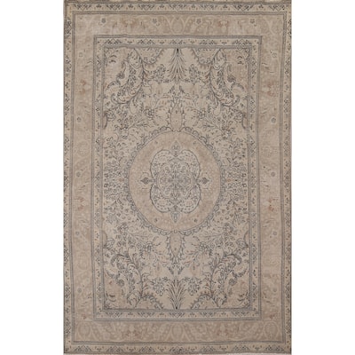 Distressed Tabriz Vintage Persian Rug Hand-Knotted Beige Wool Carpet - 6'6" x 9'11"