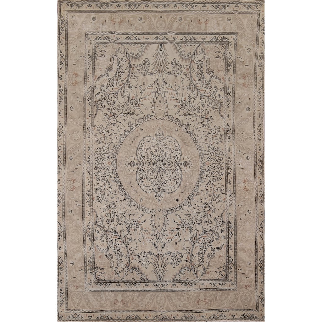 Distressed Tabriz Vintage Persian Rug Hand-Knotted Beige Wool Carpet - 6'6" x 9'11"