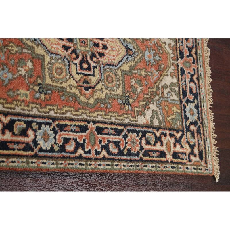 Hand Knotted Oriental 100% Wool Carpet Traditional Geometric Oranges & Rust Indo Heriz Serapi Runner Rug - 11' 11'' X 2' 7''