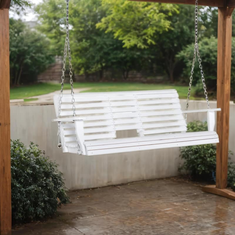 Patio Wood Swing Bench with Folding Coffee Table,Cup Holders,Chains