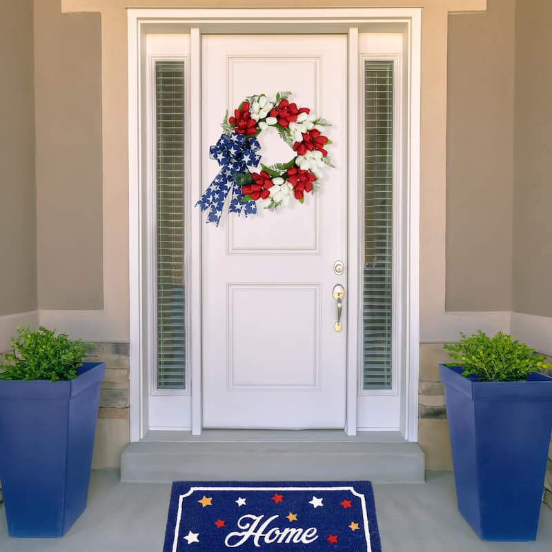 Tulip Floral Patriotic Wreath with Bow - 24" - Red White and Blue
