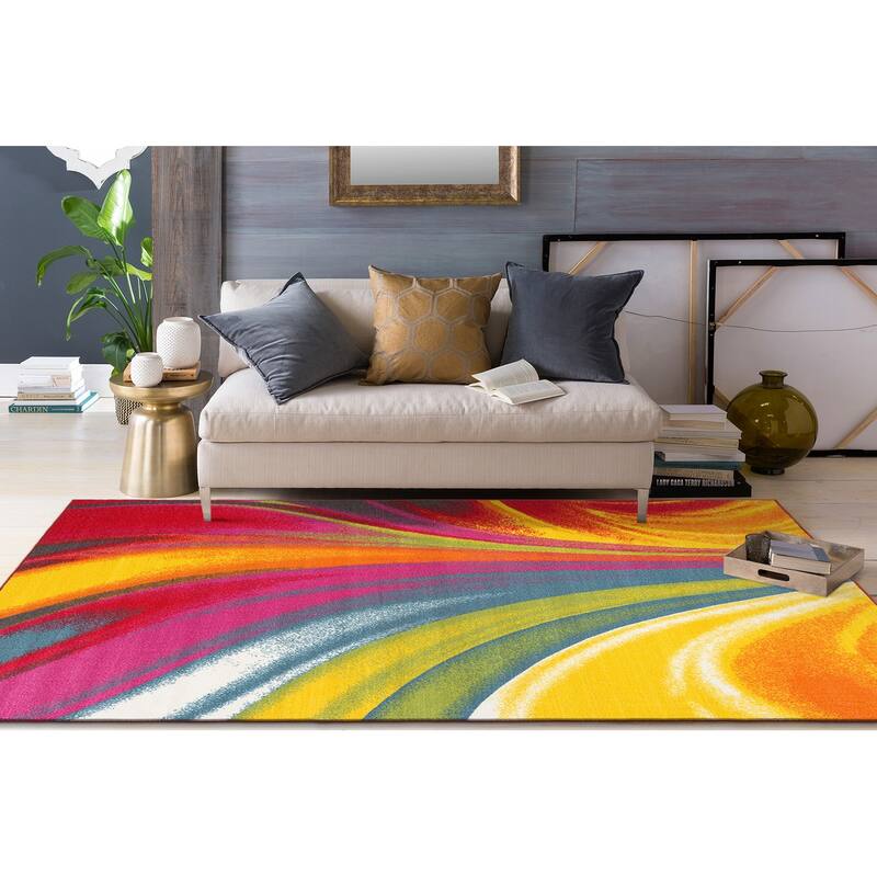 World Rug Gallery Modern Contemporary Waves Multicolored Non-slip Non-skid Area Rug