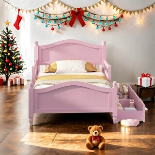 Twin Size Wood Platform Bed with Guardrails on Both Sides and Two Storage Drawers for Home For Home