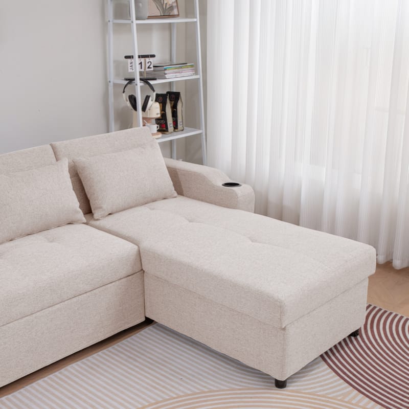 84"Adjustable Backrest Sofa Bed,3 in 1 Linen Sleeper with USB Ports & Cup Holders, Pull Out Couch Bed with Storage Chaise