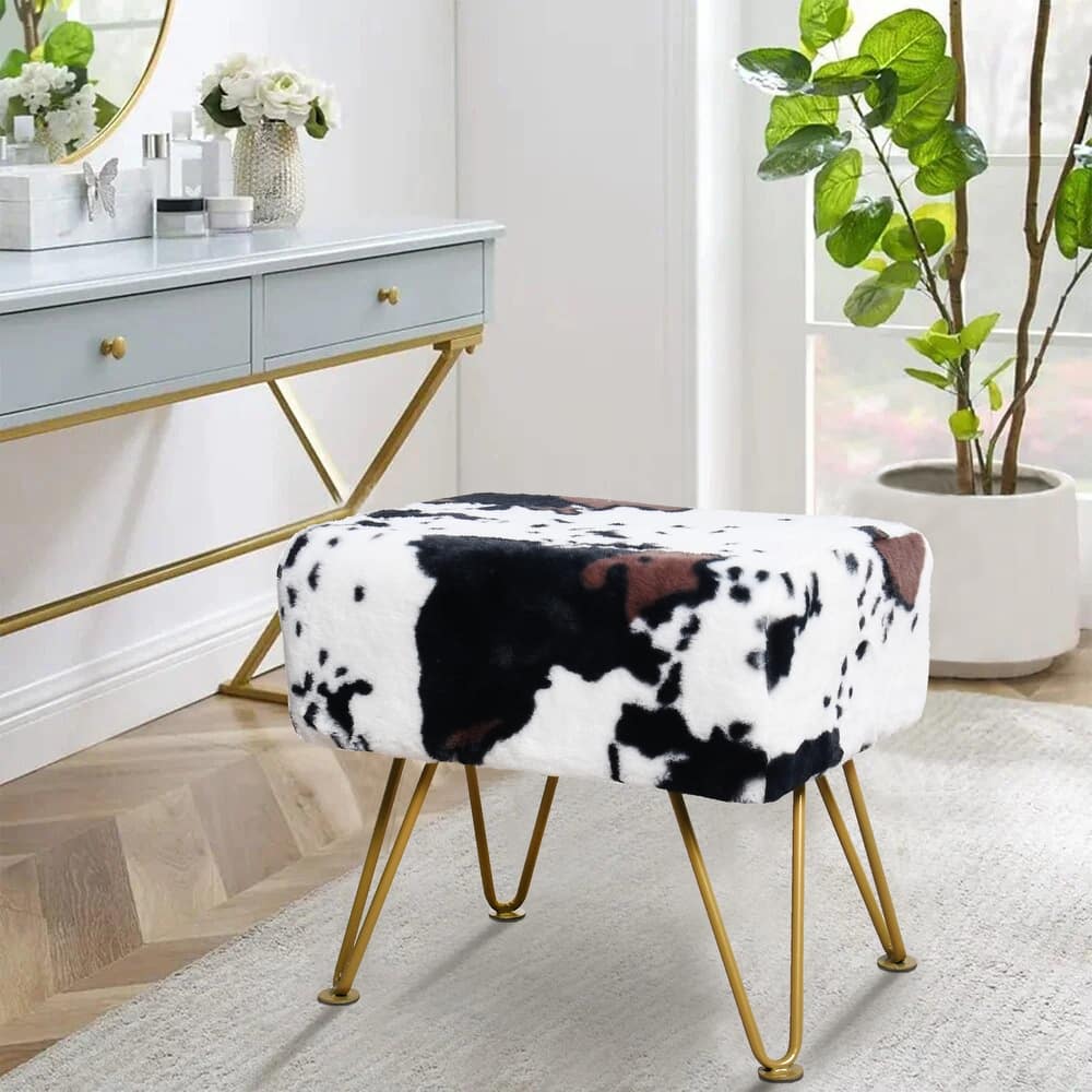 Home Soft Things Cow Flower Type Ottoman Bench with Gold Metal Legs
