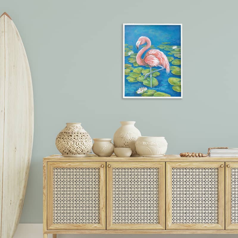 Stupell Balancing Flamingo & Lily Pads Framed Giclee Art Design By Diane Kater