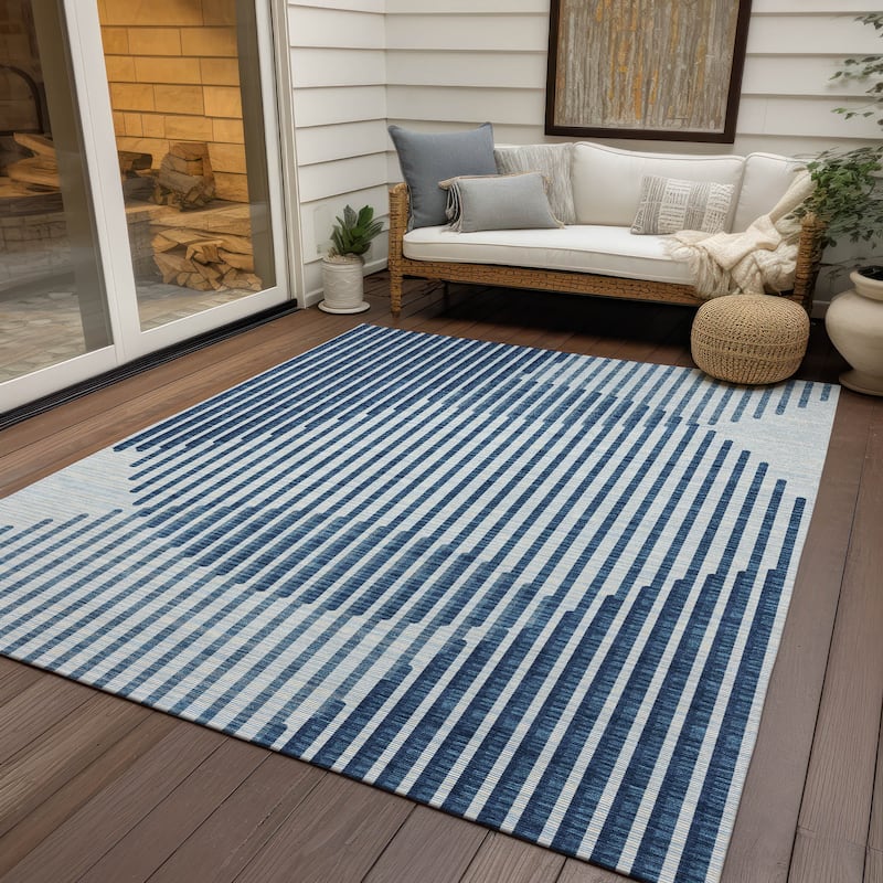 Machine Washable Indoor/ Outdoor Abstract Stripe Chantille Rug - Blue - 9' x 12'