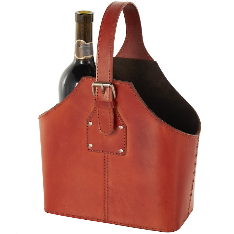 Leather Handmade 2 Bottle Wine Holder with Carrying Handle - Brown - Roche River Decor - Brown