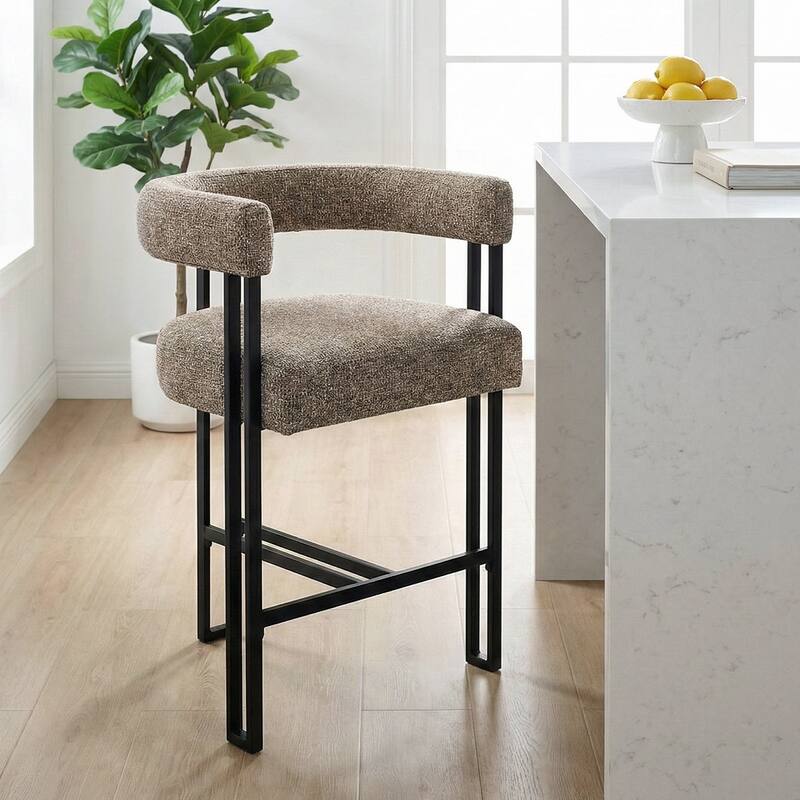 25" Seat Height Upholstered Tweed Black Matel Counter Stool - Brown-1-piece