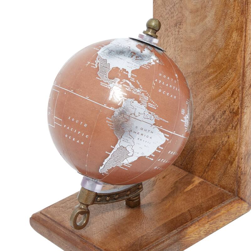 Wood Globe Bookends - Set of 2 Brown - Roche River Decor - 4"W x 6"L x 7"H
