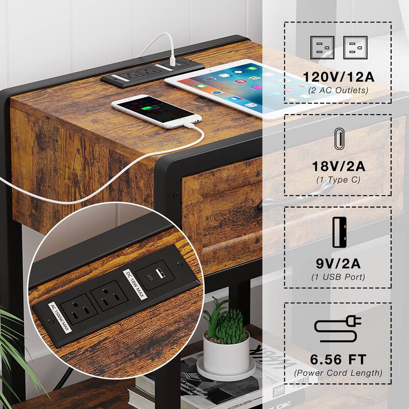 Nightstand with Charging Station Modern Side Table End Table with 1 Drawer