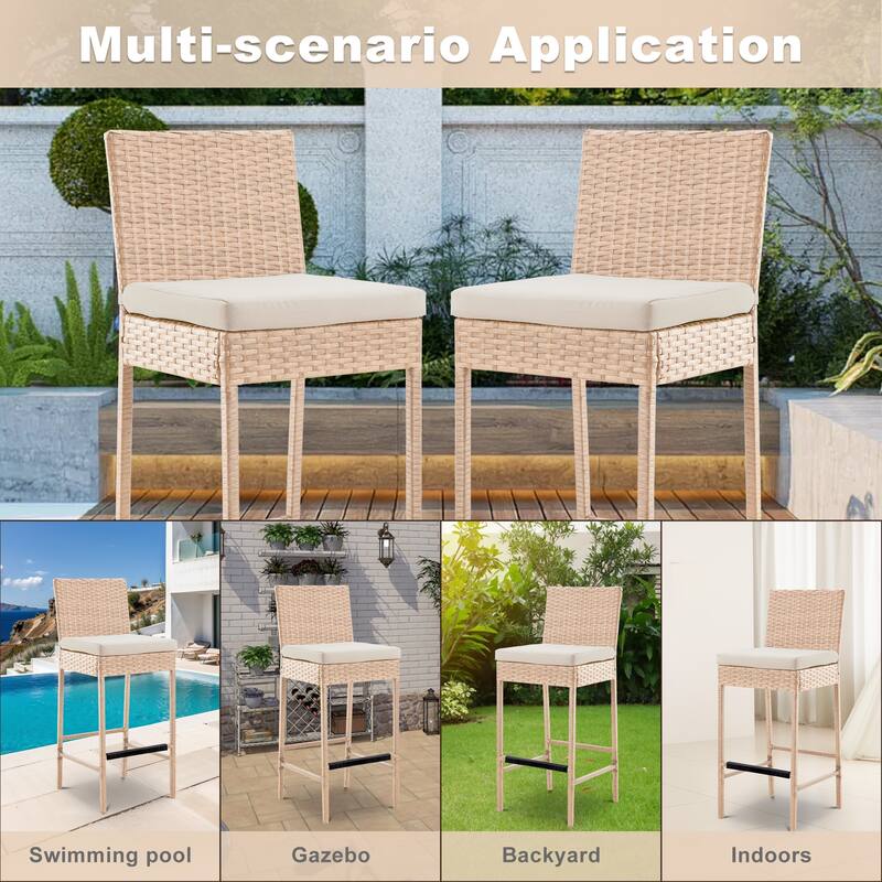 Rattan Bar Stools Set of 2, Armless Wicker Bar Stools with Cushions, All-Weather Outdoor Bar Height Stools for Patio, Poolside