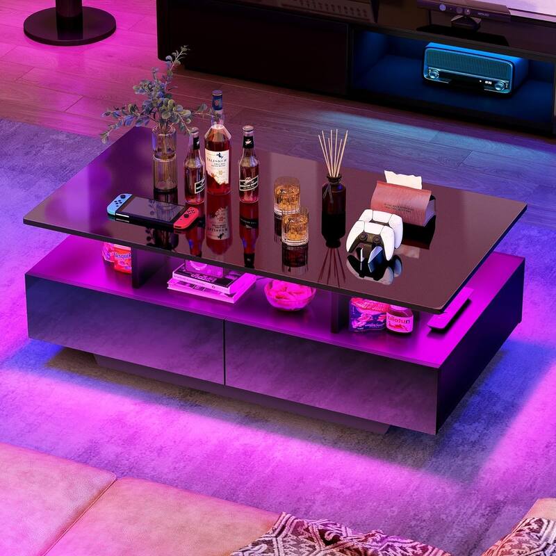 Moasis Modern Glossy Coffee Table with Drawers & LED Lights for Living Room - Black