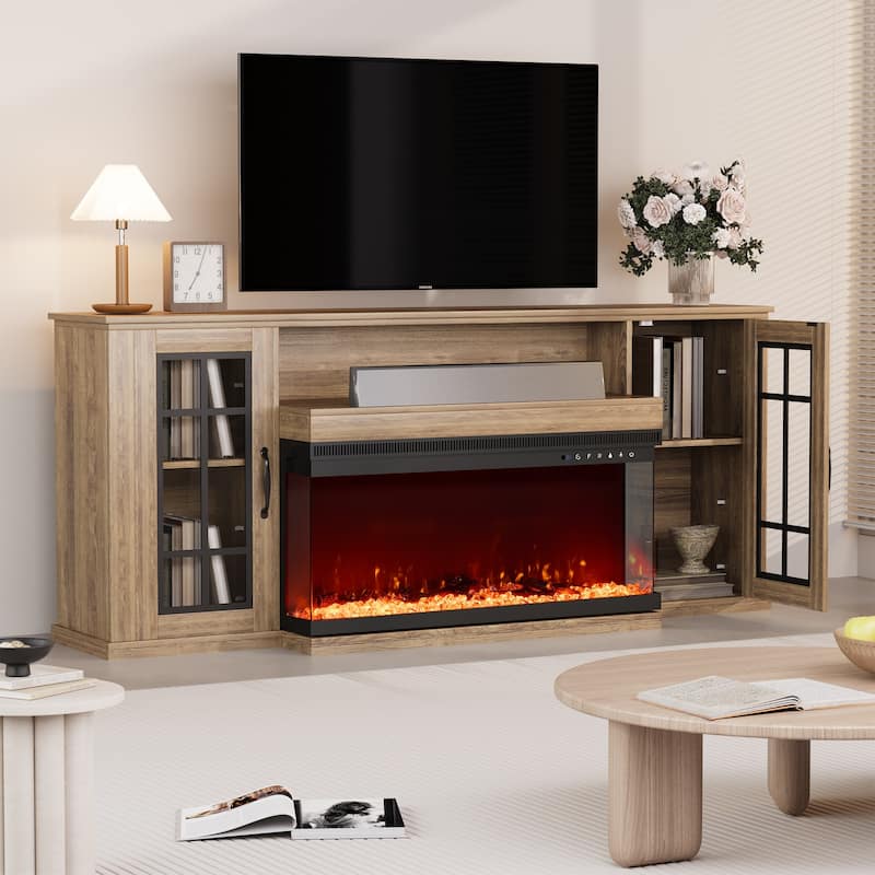 70" Fireplace TV Stand with 3-Sided Glass, ETL Certified, 12 Flame Colors, Realistic Ember Bed, Accommodates TVs up to 80" - Walnut
