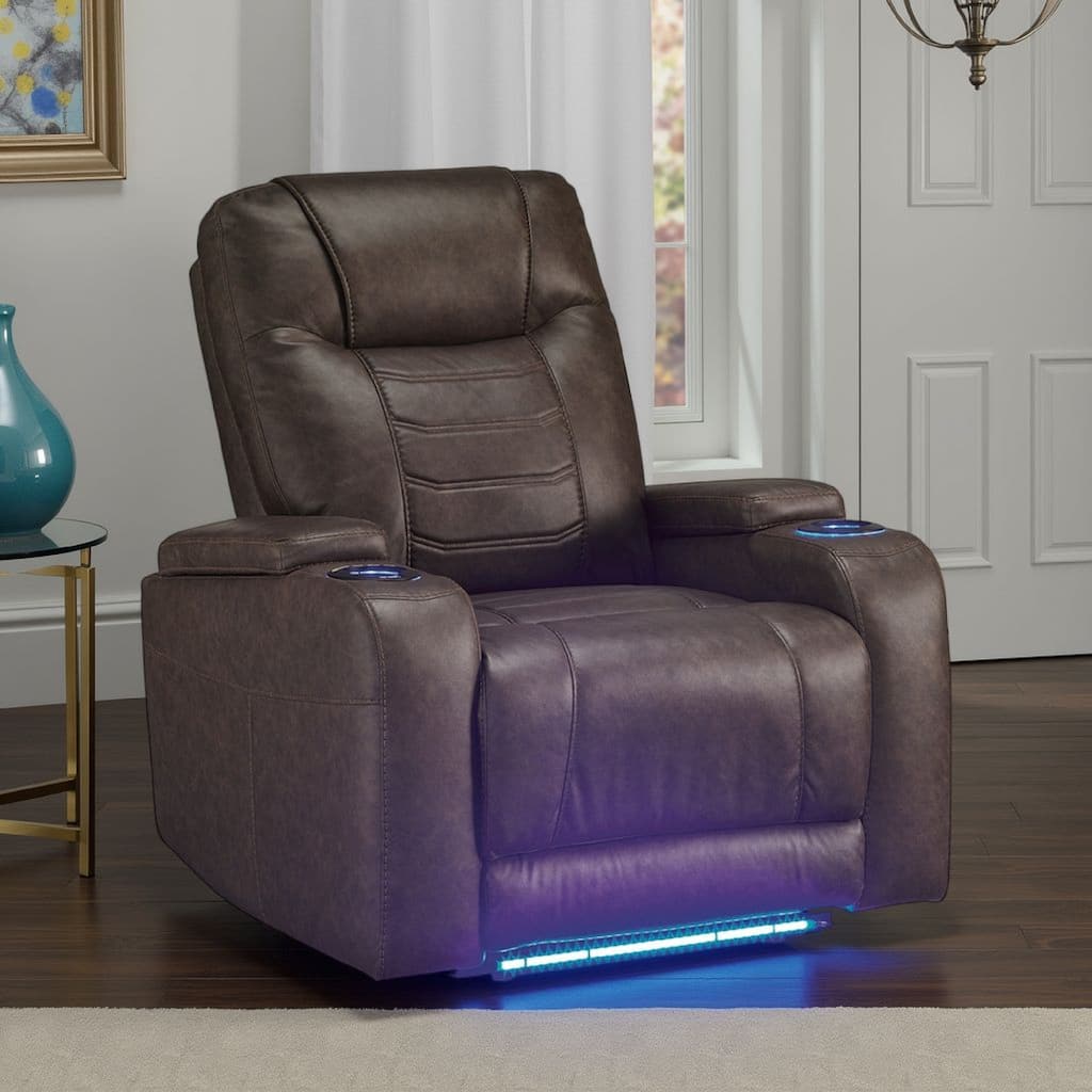 Scon Power Recliner Chair, 37 Inch, LED Light, Brown Faux Leather