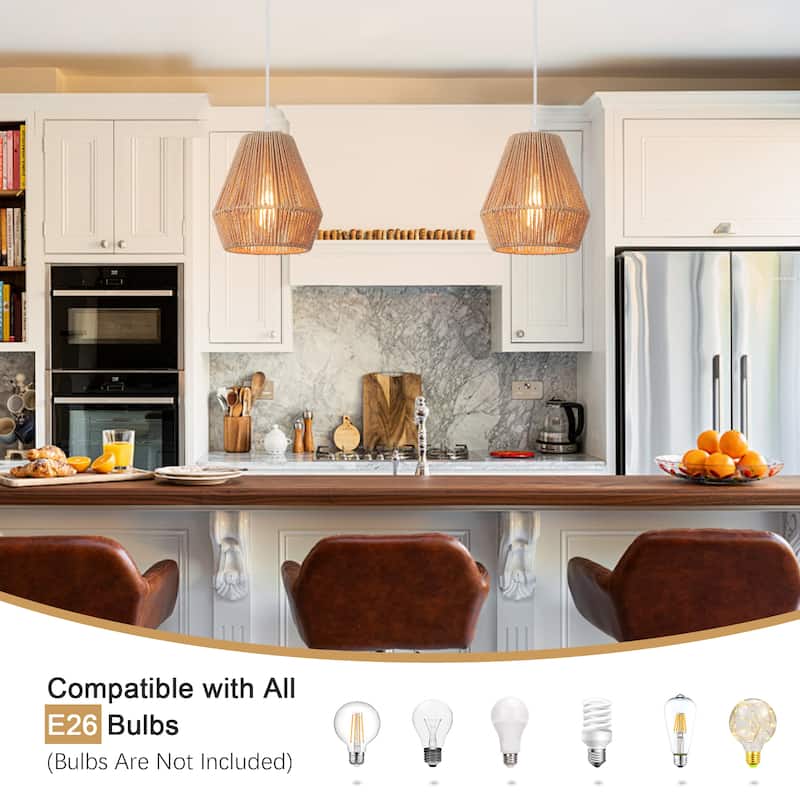 Boho Coastal 1-Light Hand-Woven Rattan Pendant Light for Kitchen Island Hallway (Set Of 2) - 7.28 in