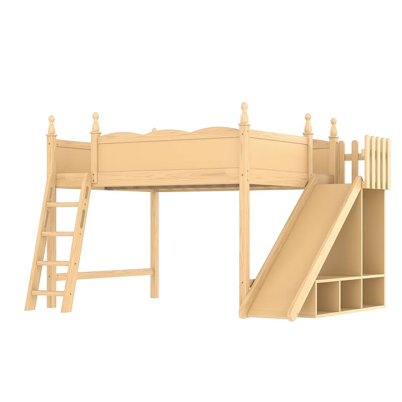 Queen Loft Bed with Storage Shelves and Wardrobe, Solid Wood Loft Beds with Detachable Slide and Ladders, No Spring Box Needed