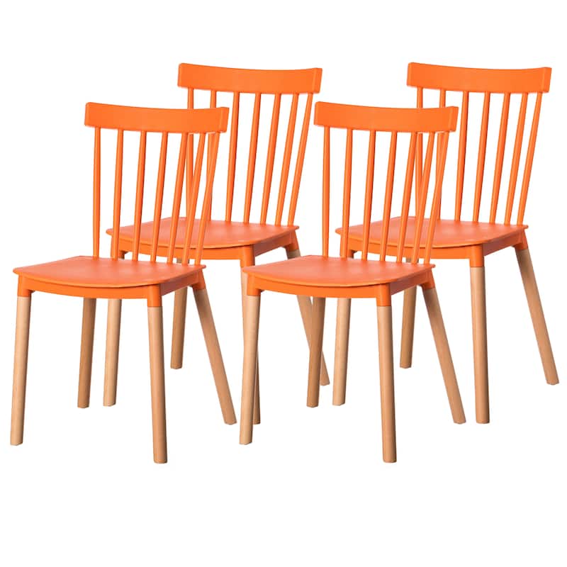 Modern Plastic Dining Chair Windsor Design with Beech Wood Legs - Set of 4 Orange 