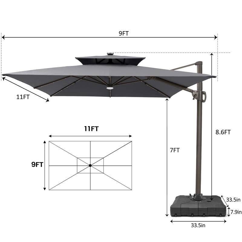 9 X 11 FT Outdoor Patio Cantilever Umbrella with Solar Lights Wheeled Base Double Canopy 360 Rotation Tilt
