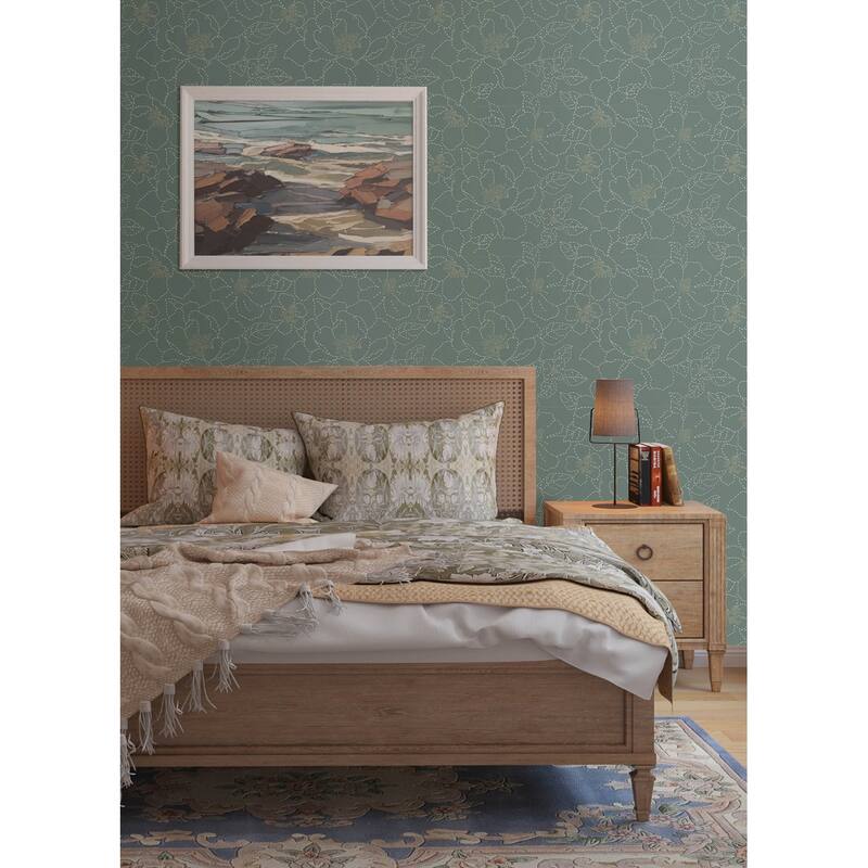 A-Street Prints Gardena Sea Green Embroidered Floral Wallpaper
